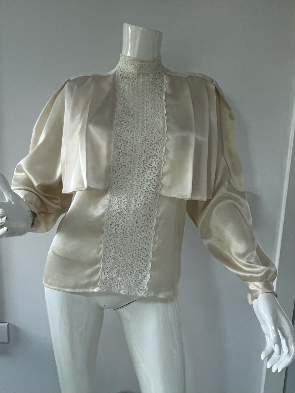 Vintage Victorian Cream Lace-Panel Satin Blouse ,Sonya Ratay Made in USA